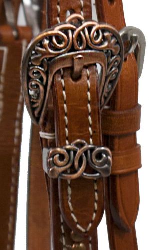 Westernzaum, Trense mit V-Stirnband, kupferfarbene Schnallen, Nieten und Conchos, braun,
