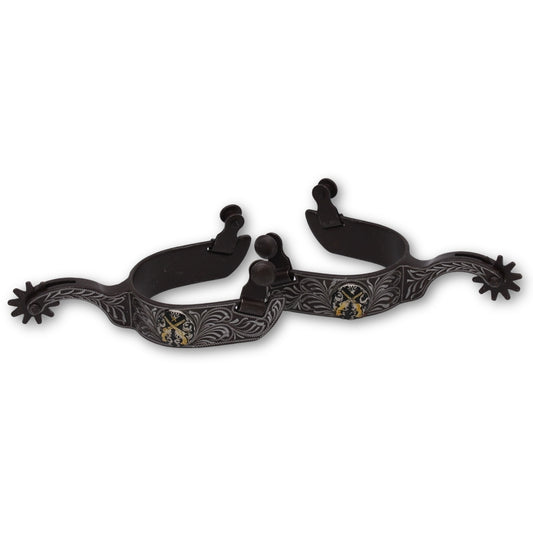 Westernsporen braun mit gravierter Verzierung und Pistolen-Concho, Rädchensporen,