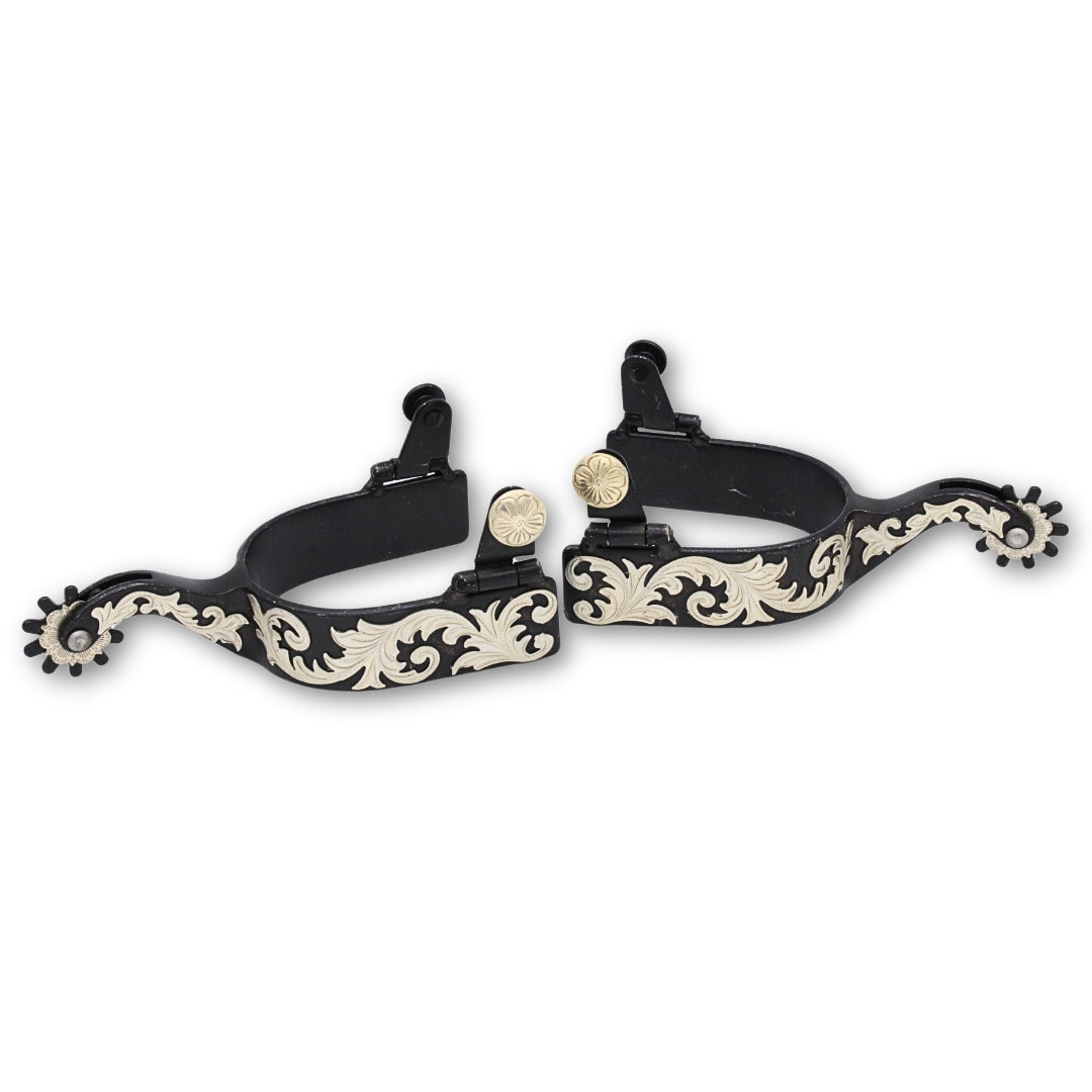 Schwarze Westernsporen mit graviertem Overlay auf Sporen und Rädchen, Rädchensporen,