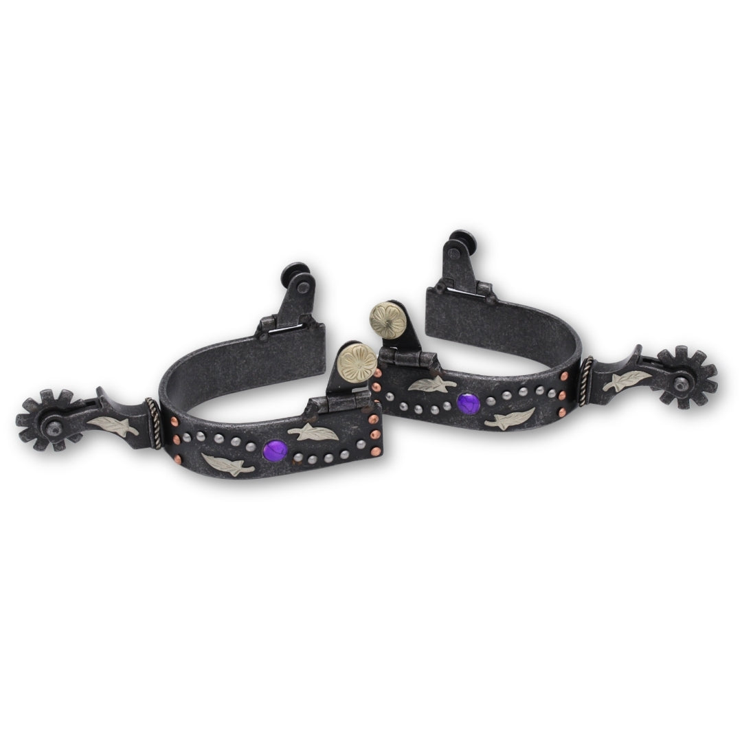 Graue Westernsporen mit Nieten, Federn und Schmucksteinen besetzt, Rädchensporen,