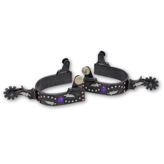 Graue Westernsporen mit Nieten, Federn und Schmucksteinen besetzt, Rädchensporen,