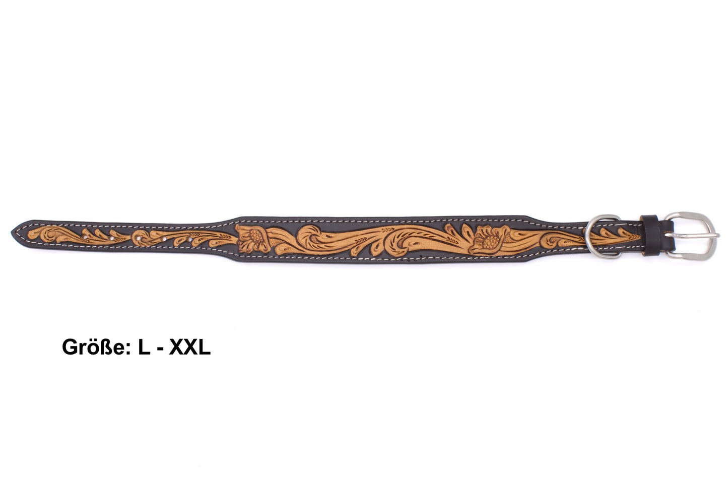 Hundehalsband aus Echtleder weich unterlegt, schwarz, mit heller Verzierung,