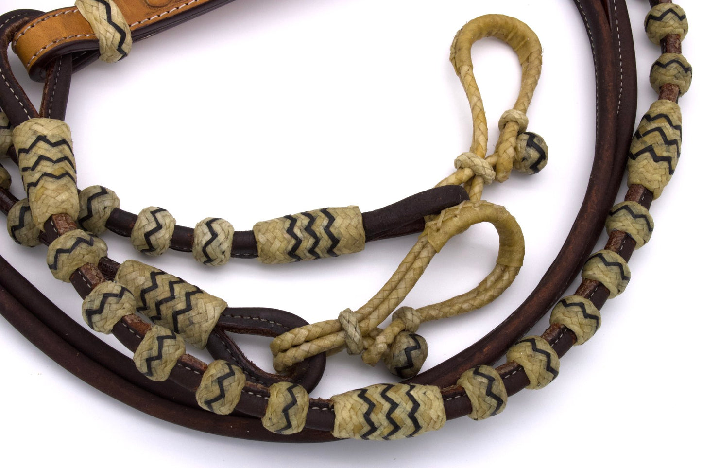 Leder Romal Reins mit Rohhaut und Lederklatsche, rund genäht,