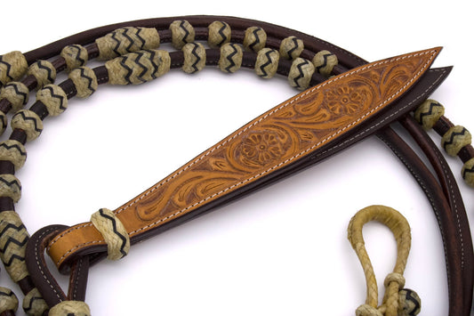 Leder Romal Reins mit Rohhaut und Lederklatsche, rund genäht,