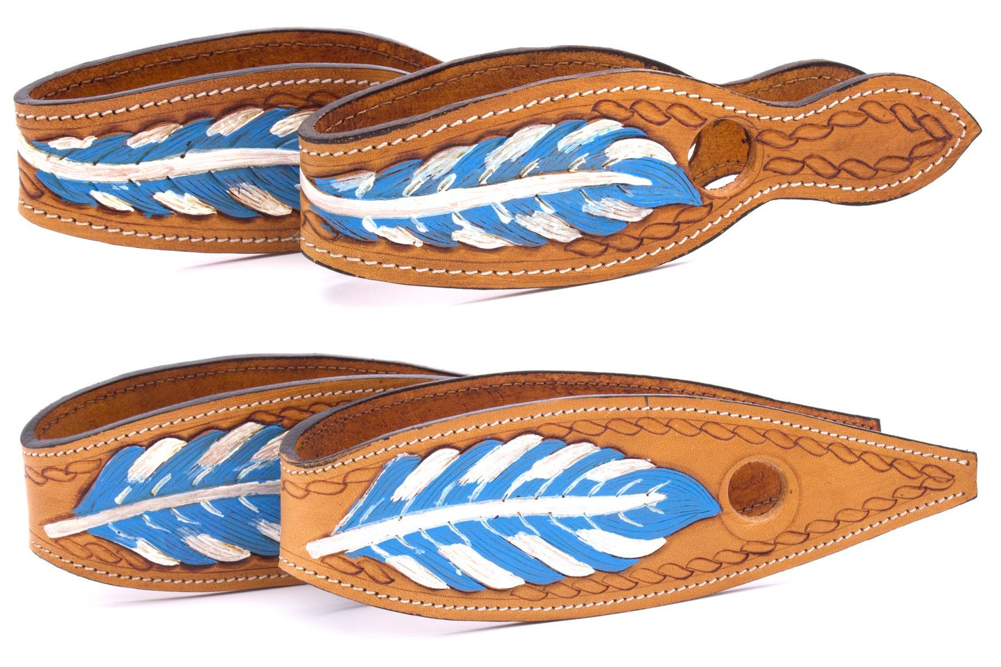 Leder Slobber Bars, slobber straps mit blau-weißer Feder,