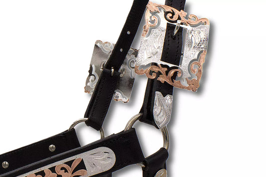 Show Lederhalfter mit Führkette, schwarz, rosegold verziert,