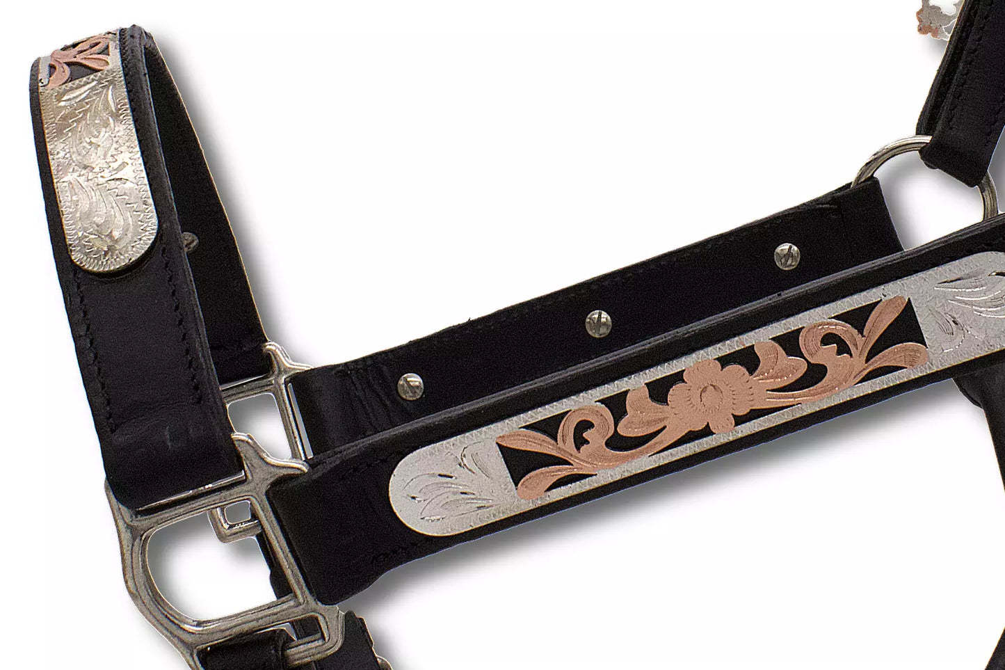 Show Lederhalfter mit Führkette, schwarz, rosegold verziert,