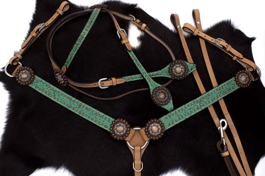 Western-Kopfstück, Set aus Trense mit Western-Vorderzeug, grünes Muster, kupferfarbene Conchos,