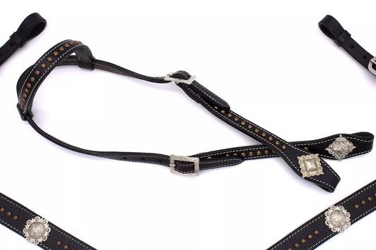 Westernset schwarz mit kupferfarbenen Nieten, silberfarbene Conchos, Einohr,