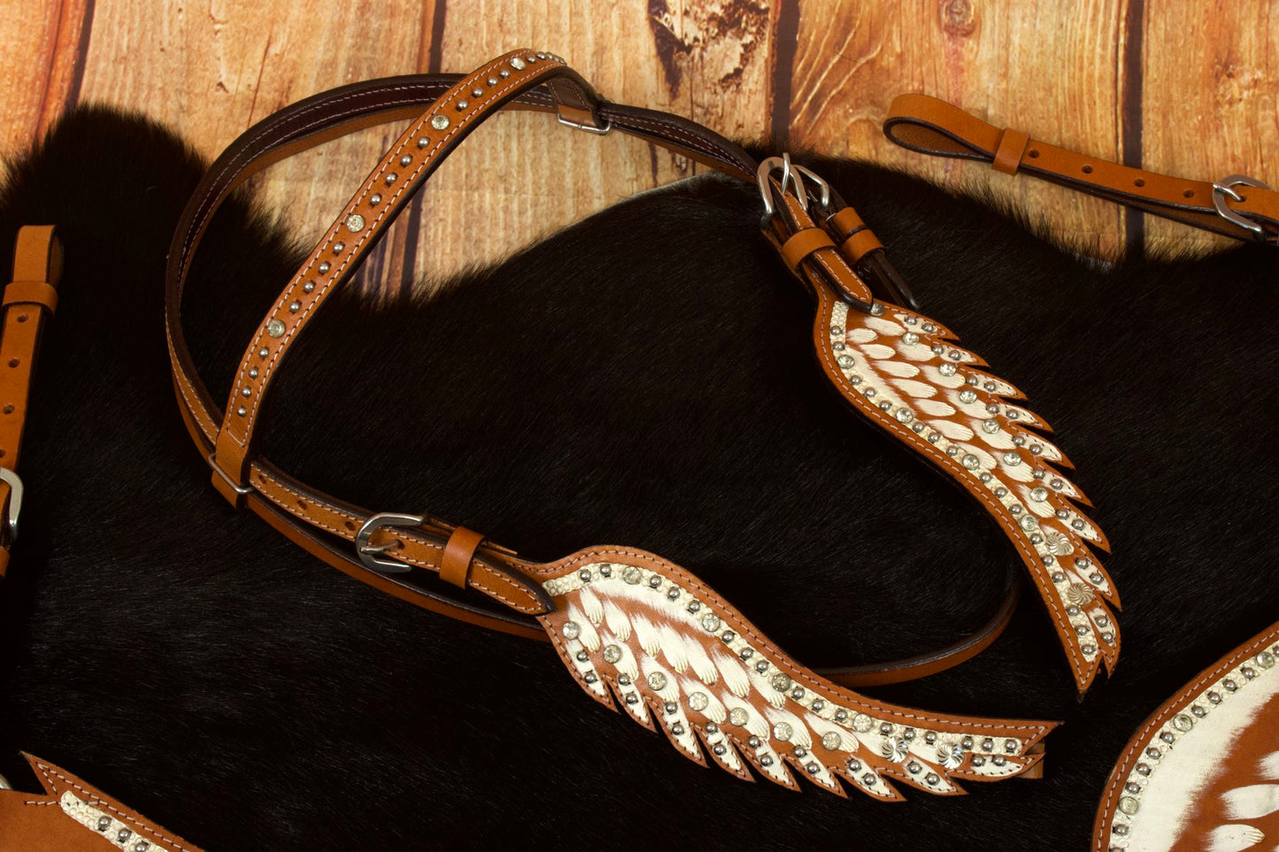 Wings Show Western-Kopfstück, Set aus Vorderzeug und Trense, weiß mit Strass, in Flügelform,