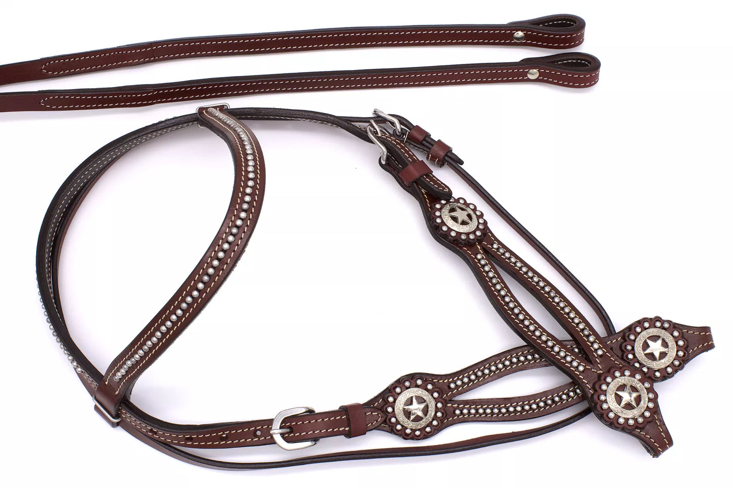 Westerntrense, Zaum mit Sternenconchos und Nieten besetzt, rot-braunes Leder, geteilte Backenstücke,