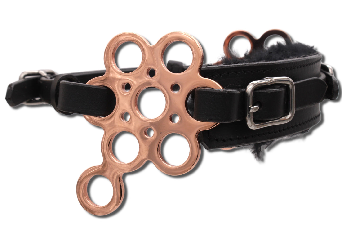 Hackamore Flower rosegold mit Lammfell, gebisslose Zäumung, rosegold-schwarz