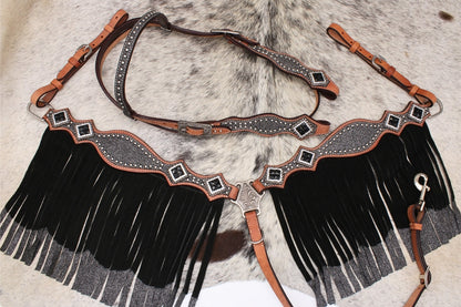 Glitzer Showtrense silber mit Vorderzeug und Fransen, Set aus Vorderzeug und Westerntrense