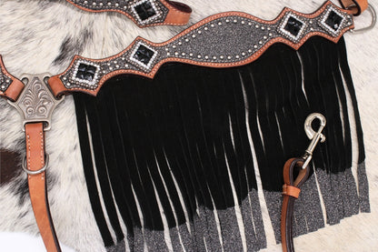 Glitzer Showtrense silber mit Vorderzeug und Fransen, Set aus Vorderzeug und Westerntrense,