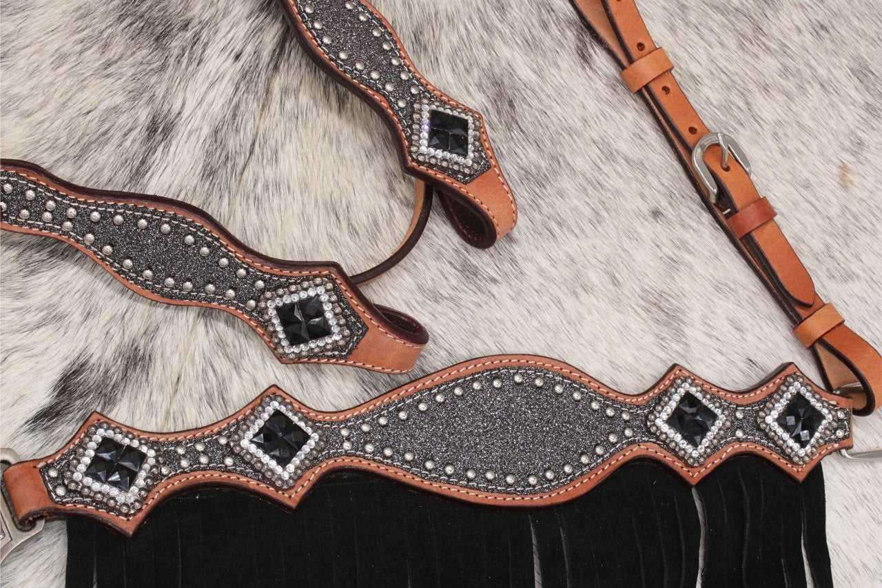 Glitzer Showtrense silber mit Vorderzeug und Fransen, Set aus Vorderzeug und Westerntrense,