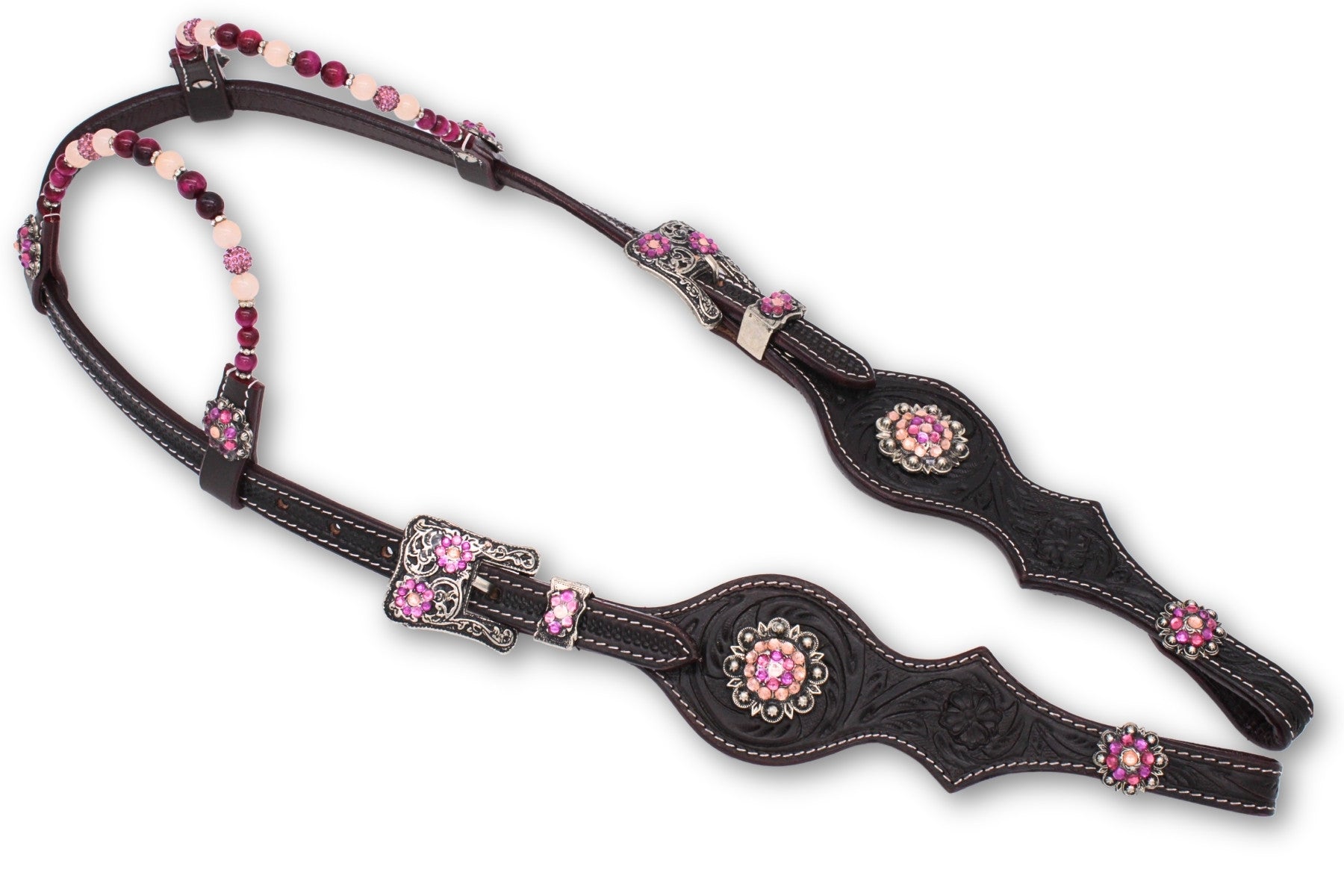 Zweiohr Westerntrense dunkelbraun punziert dark Pink/silber mit Perlen-Earloop