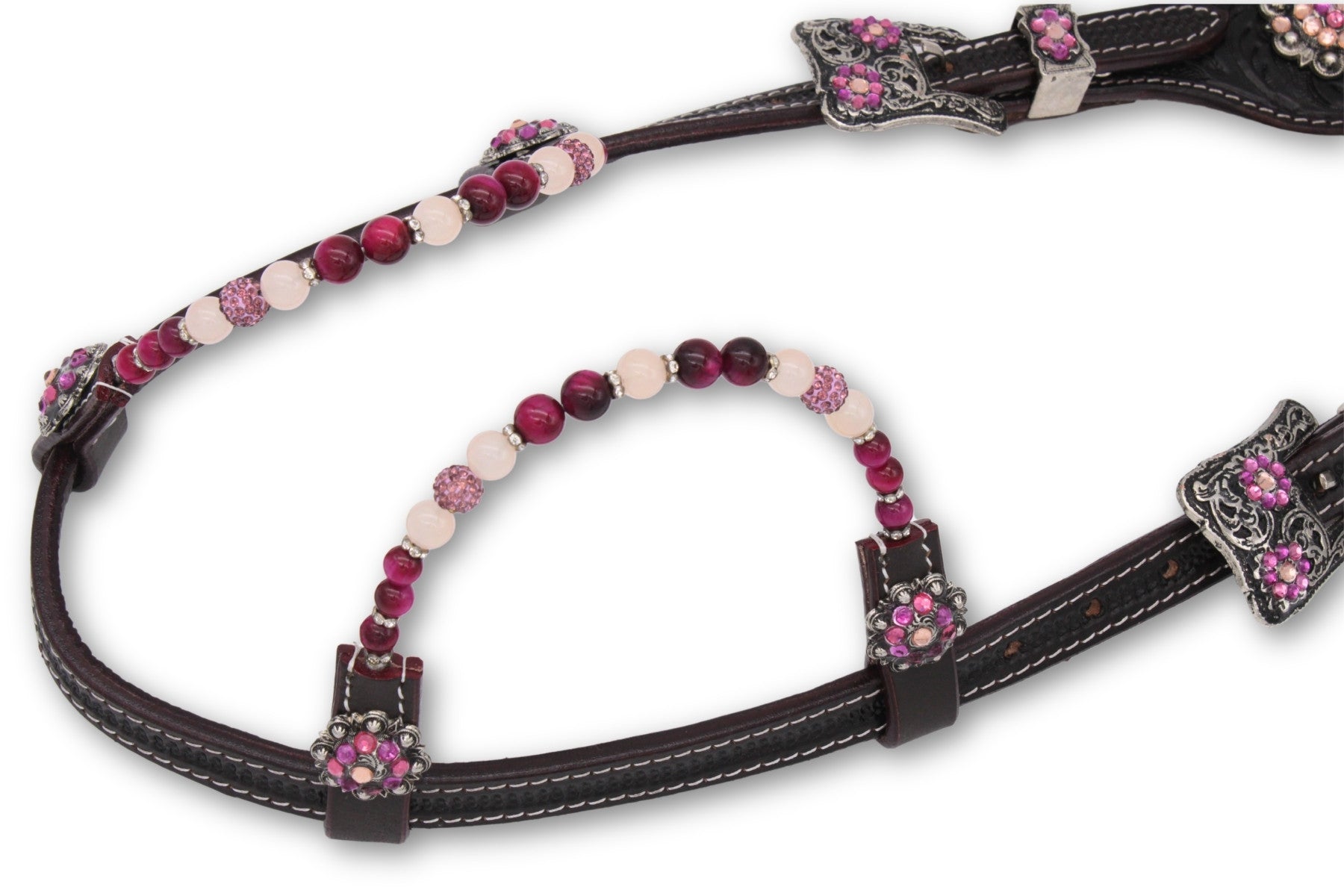 Zweiohr Westerntrense dunkelbraun punziert dark Pink/silber mit Perlen-Earloop,