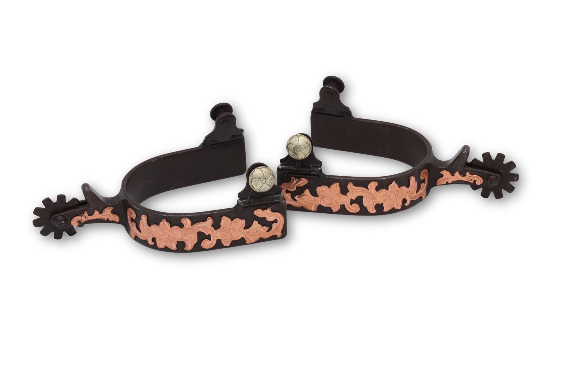 Westernsporen braun mit rosegoldener flower Verzierung, Rädchensporen,