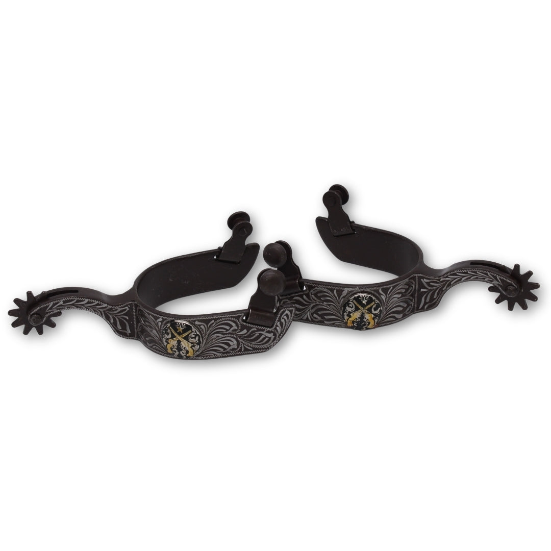 Westernsporen braun mit gravierter Verzierung und Pistolen-Concho, Rädchensporen,