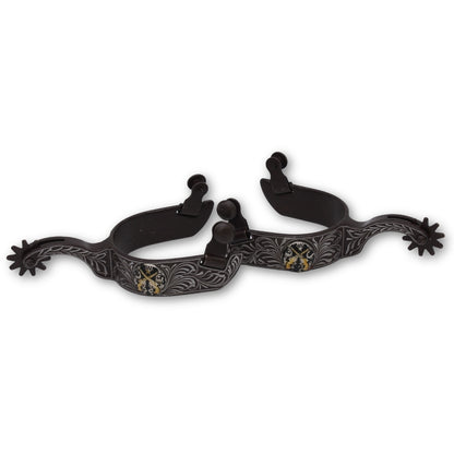 Westernsporen braun mit gravierter Verzierung und Pistolen-Concho, Rädchensporen,