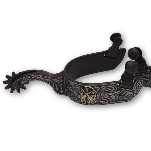 Westernsporen braun mit gravierter Verzierung und Pistolen-Concho, Rädchensporen