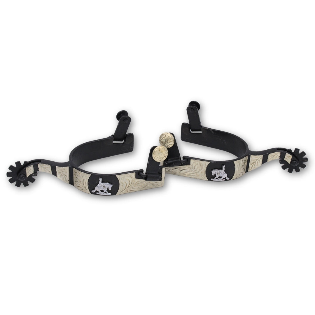 Westernsporen schwarz mit gravierter Verzierung und Reining horse Emblem, Rädchensporen,