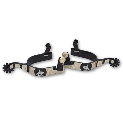 Westernsporen schwarz mit gravierter Verzierung und Reining horse Emblem, Rädchensporen,