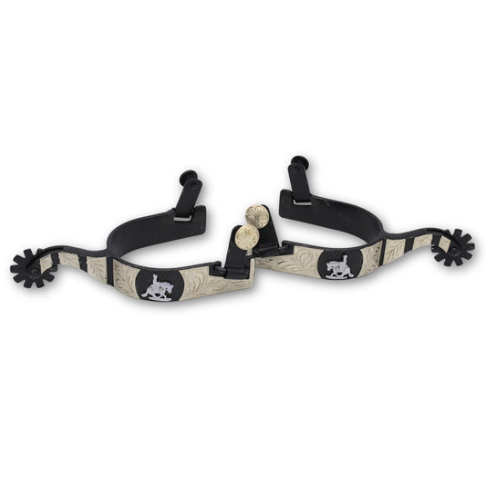 Westernsporen schwarz mit gravierter Verzierung und Reining horse Emblem, Rädchensporen,