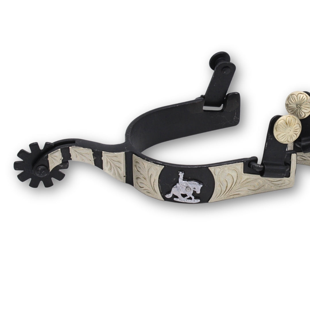 Westernsporen schwarz mit gravierter Verzierung und Reining horse Emblem, Rädchensporen