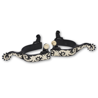 Schwarze Westernsporen mit graviertem Overlay auf Sporen und Rädchen, Rädchensporen,