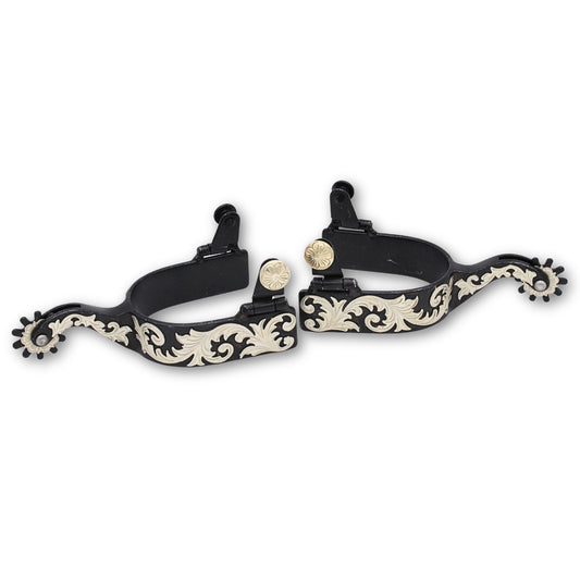 Schwarze Westernsporen mit graviertem Overlay auf Sporen und Rädchen, Rädchensporen,