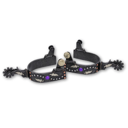 Graue Westernsporen mit Nieten, Federn und Schmucksteinen besetzt, Rädchensporen,