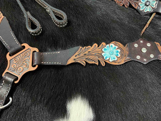 Einohr Westerntrense, Set aus Kopfstück mit Vorderzeug und Zügeln, Vintage-Look, dunkelbraun,