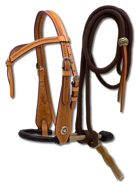 Bosal Set mit Hanger und Nylon Mecate, Bosal aus Rohhaut, schwarz-weiß, geknotetes Stirnband