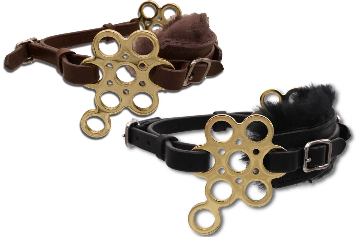 Hackamore Flower goldfarben, mit Lammfell, gebisslos, braun-gold,