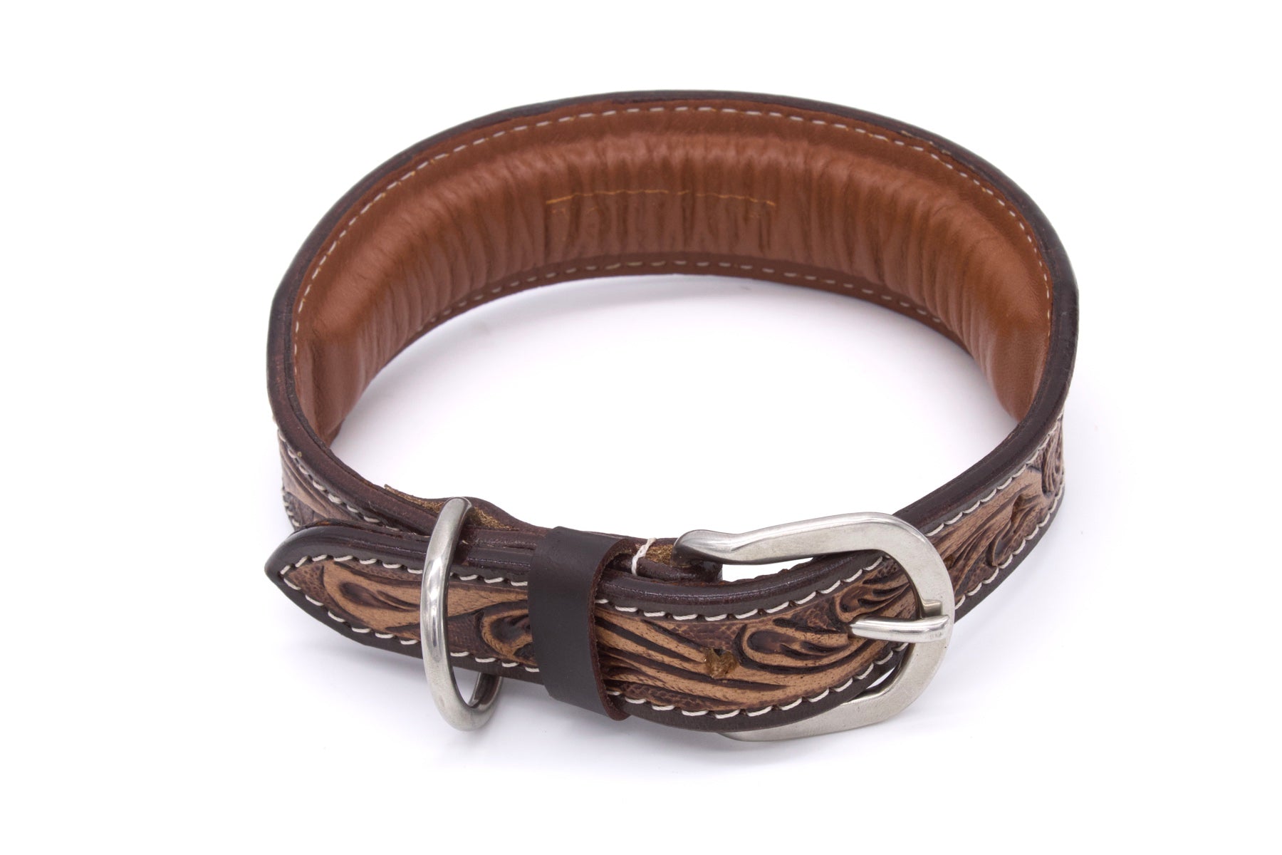 Vintage Hundehalsband aus Echtleder, weich unterlegt, mit dunkler Verzierung,