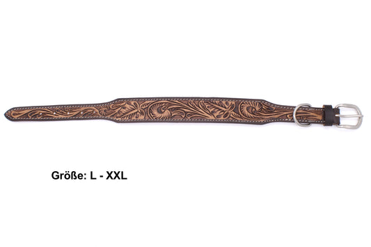 Vintage Hundehalsband aus Echtleder, weich unterlegt, mit dunkler Verzierung,