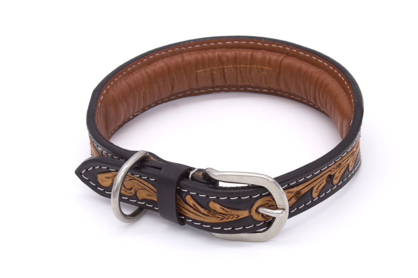 Hundehalsband aus Echtleder weich unterlegt, schwarz, mit heller Verzierung,