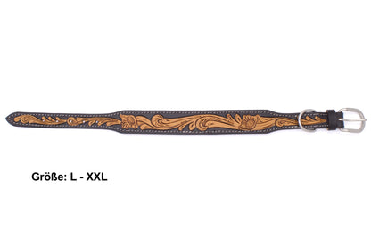 Hundehalsband aus Echtleder weich unterlegt, schwarz, mit heller Verzierung,