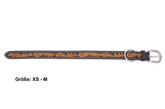 Hundehalsband aus Echtleder weich unterlegt, schwarz, mit heller Verzierung,