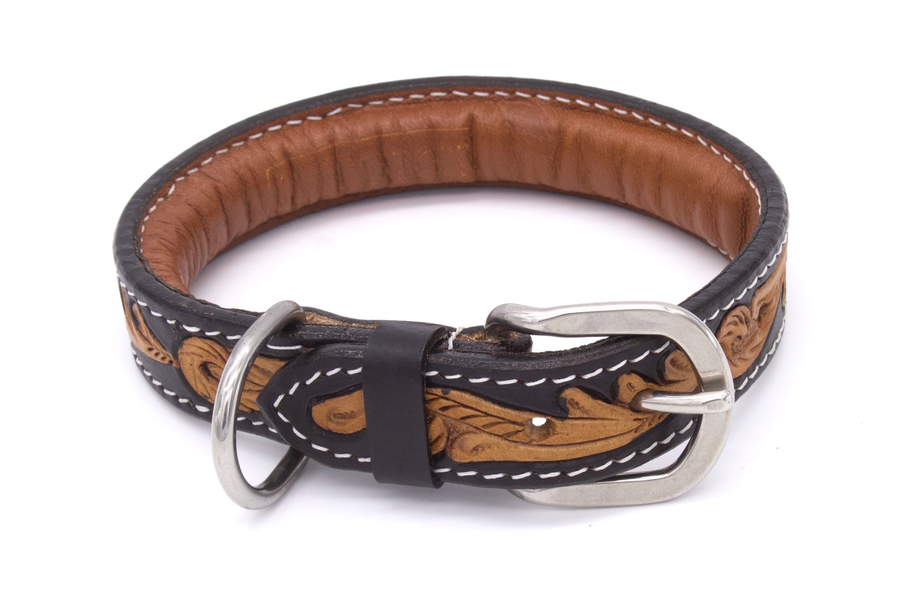 Hundehalsband aus Echtleder weich unterlegt, schwarz, mit heller Verzierung