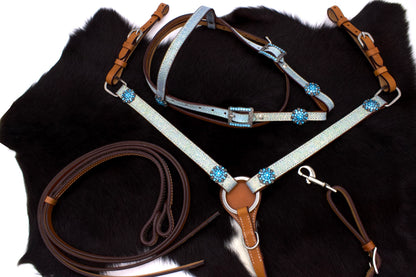 Pony Glitzer Westernset, Kopfstück und Vorderzeug, türkis, Strass,