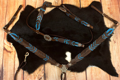 Federoptik Western-Kopfstück dunkel, Set aus Trense mit Vorderzeug, dunkelbraun, türkis