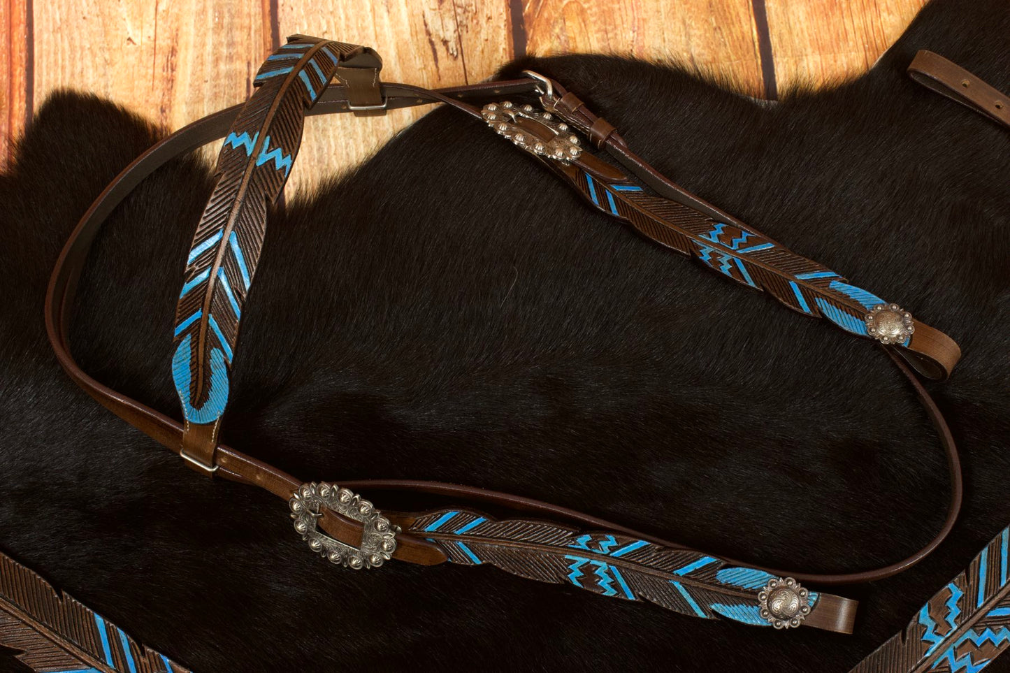Federoptik Western-Kopfstück dunkel, Set aus Trense mit Vorderzeug, dunkelbraun, türkis,
