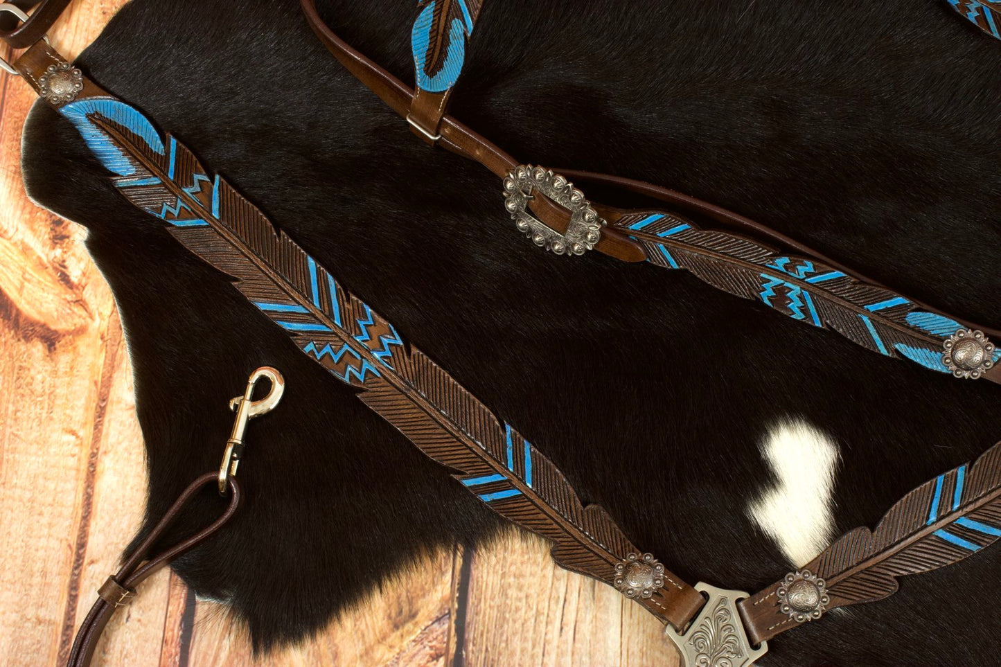 Federoptik Western-Kopfstück dunkel, Set aus Trense mit Vorderzeug, dunkelbraun, türkis,