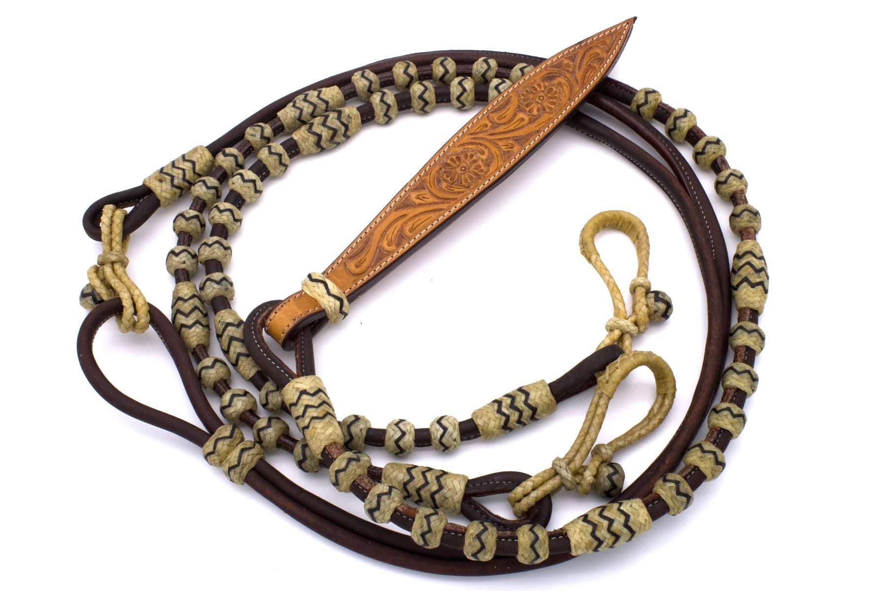 Leder Romal Reins mit Rohhaut und Lederklatsche, rund genäht