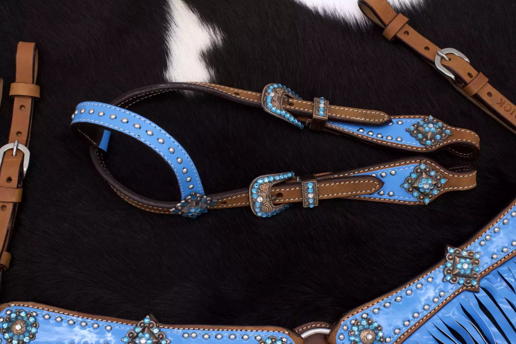 Minishetty / Shetty Westernset, Einohrtrense und Vorderzeug mit Fransen hellblau,