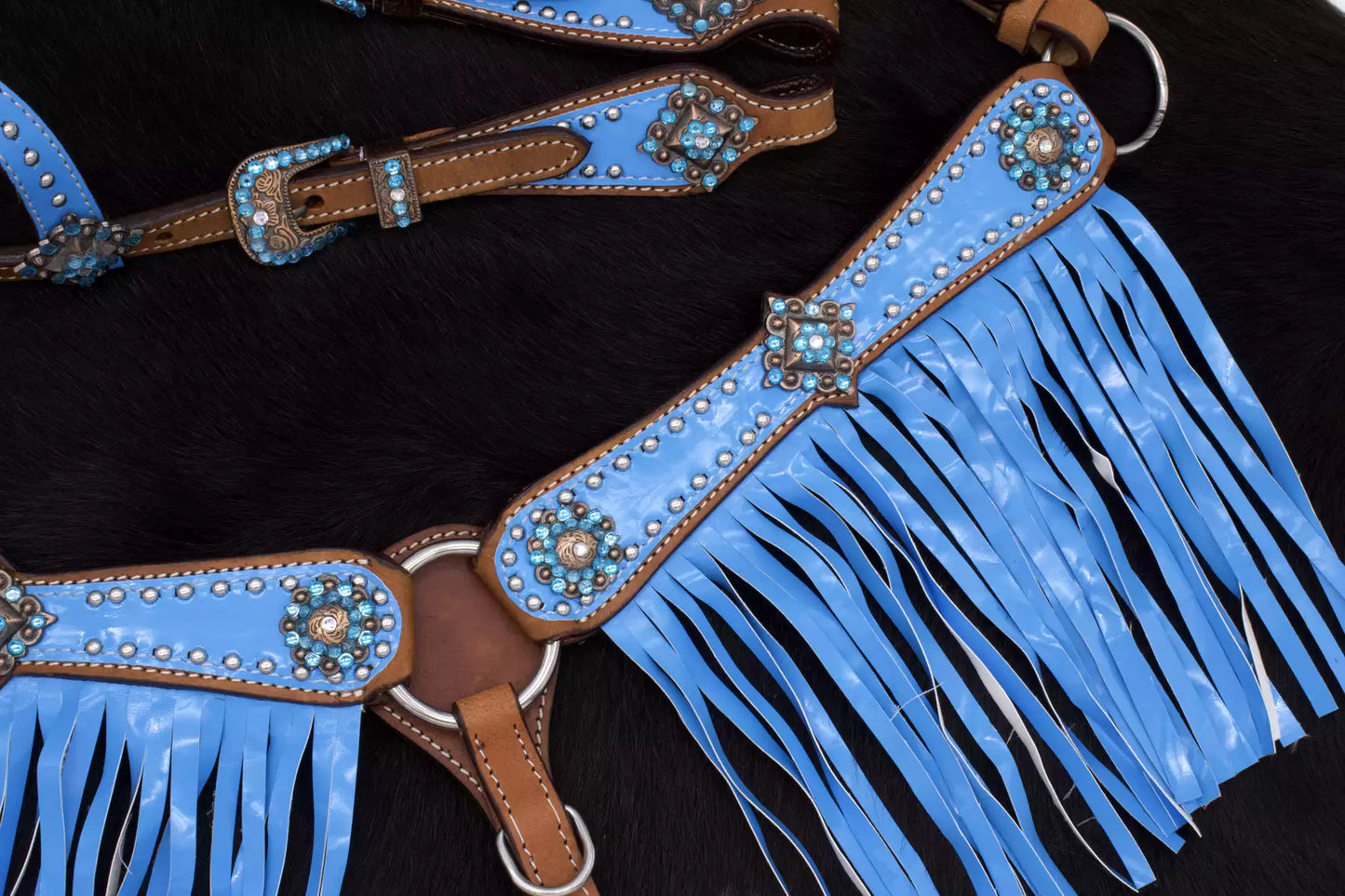 Minishetty / Shetty Westernset, Einohrtrense und Vorderzeug mit Fransen hellblau,