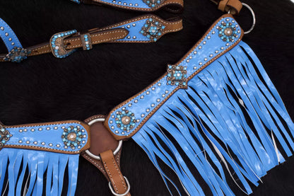 Minishetty / Shetty Westernset, Einohrtrense und Vorderzeug mit Fransen hellblau,