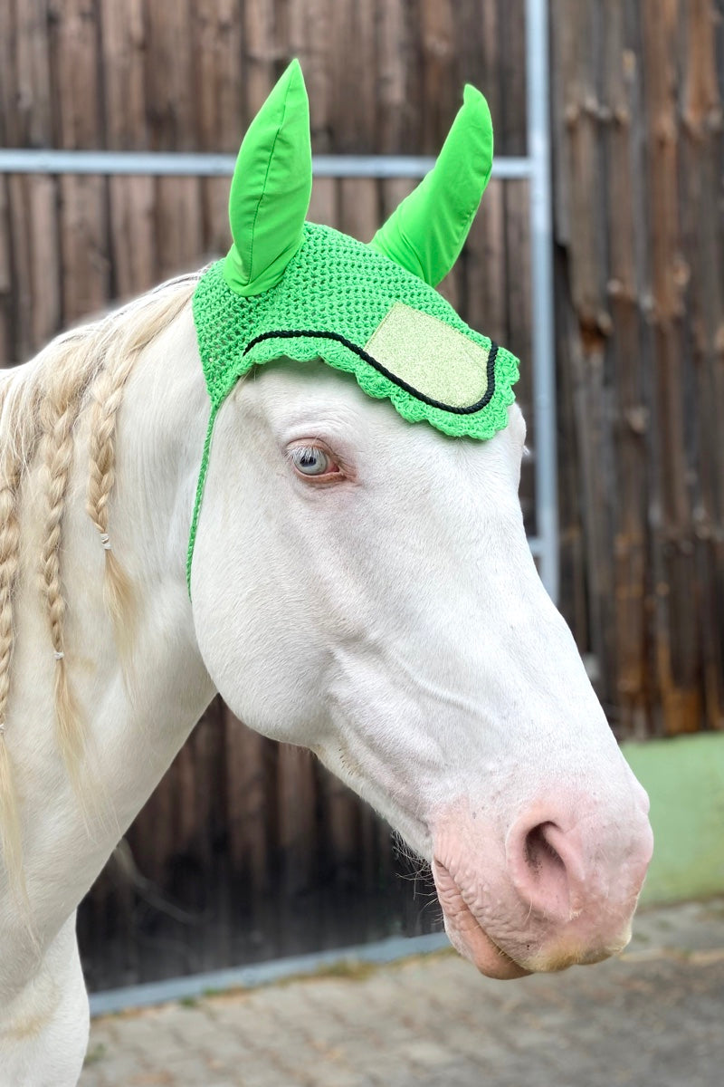 Fliegenmütze, Fliegenhaube Glitzer grün,